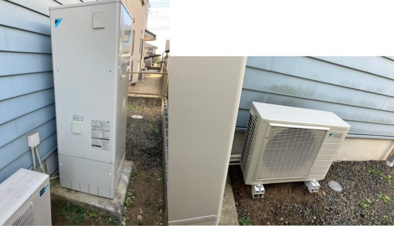 外壁に沿って設置されたエコキュートの室外機・給排気ユニットの様子