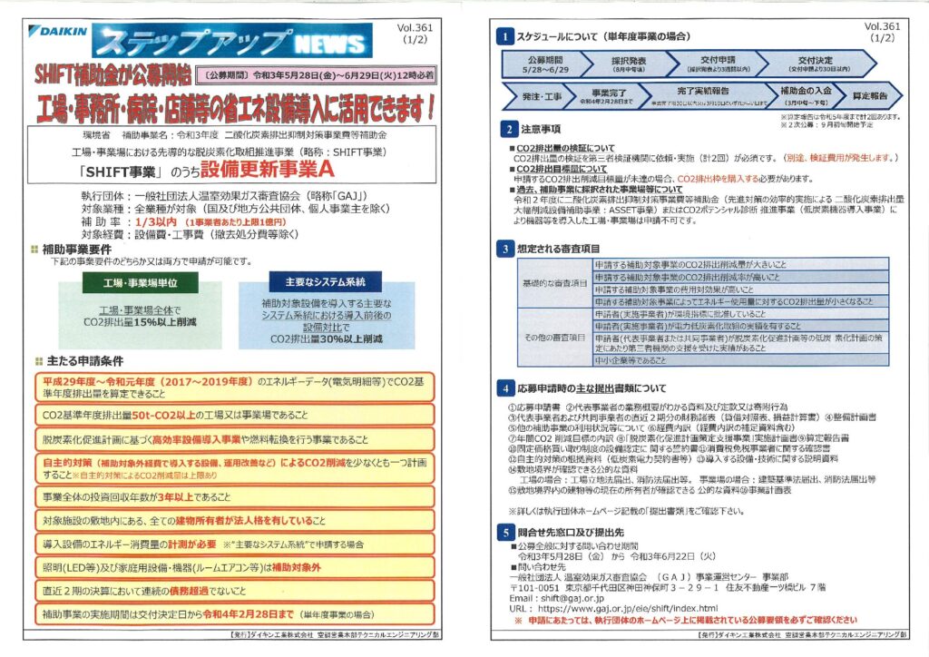 SHIFT事業の公募案内とエアコン関連の省エネ要件を解説するポスター風チラシ（工場・事業場の脱炭素化推進）